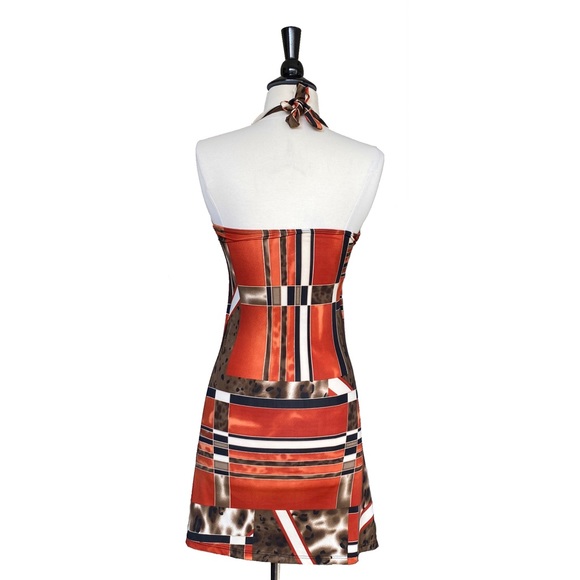 From Italy, Blood Orange Halter w/ Multicolor & Leopard Print Geo Block Design. - Picture 3 of 5
